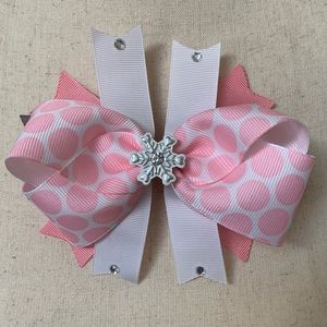 Artisan Hand Crafted Pink Hair Bow Snowflake Winter Theme Print